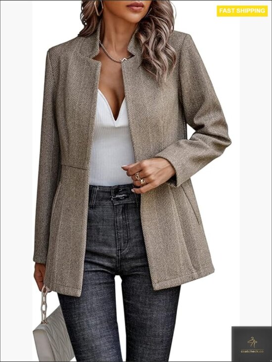 Jackets & Blazers - Women's Open Front Blazer Long Sleeve Notch Collar Work Office Jacket Business
